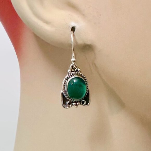 Green Onyx Earrings, Sterling Silver, Pierced, Dangles, Green Stone, Artisan - Picture 2 of 4